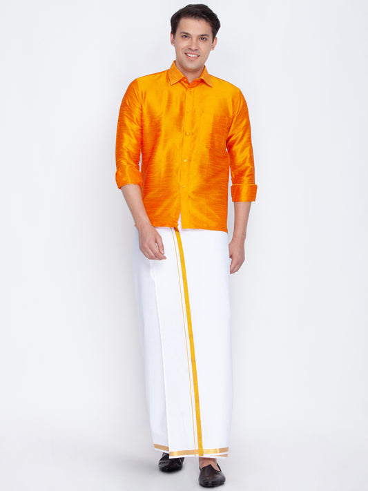 Men's Orange Silk Blend Straight Shirt And Mundu
