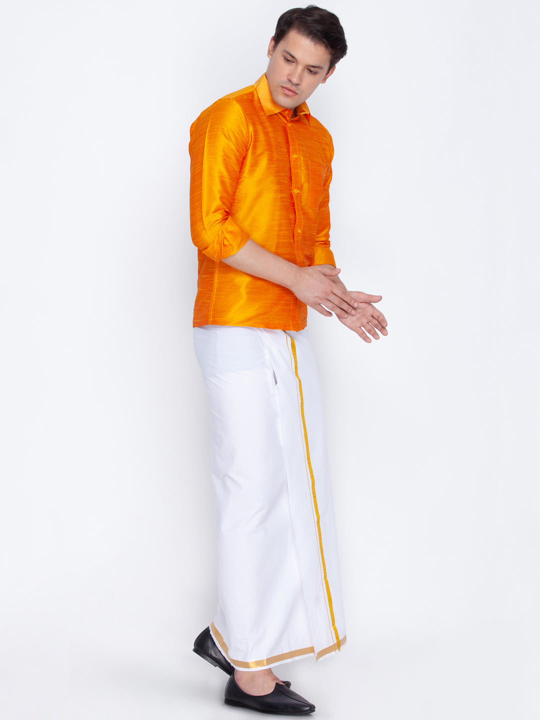 Men's Orange Silk Blend Straight Shirt And Mundu
