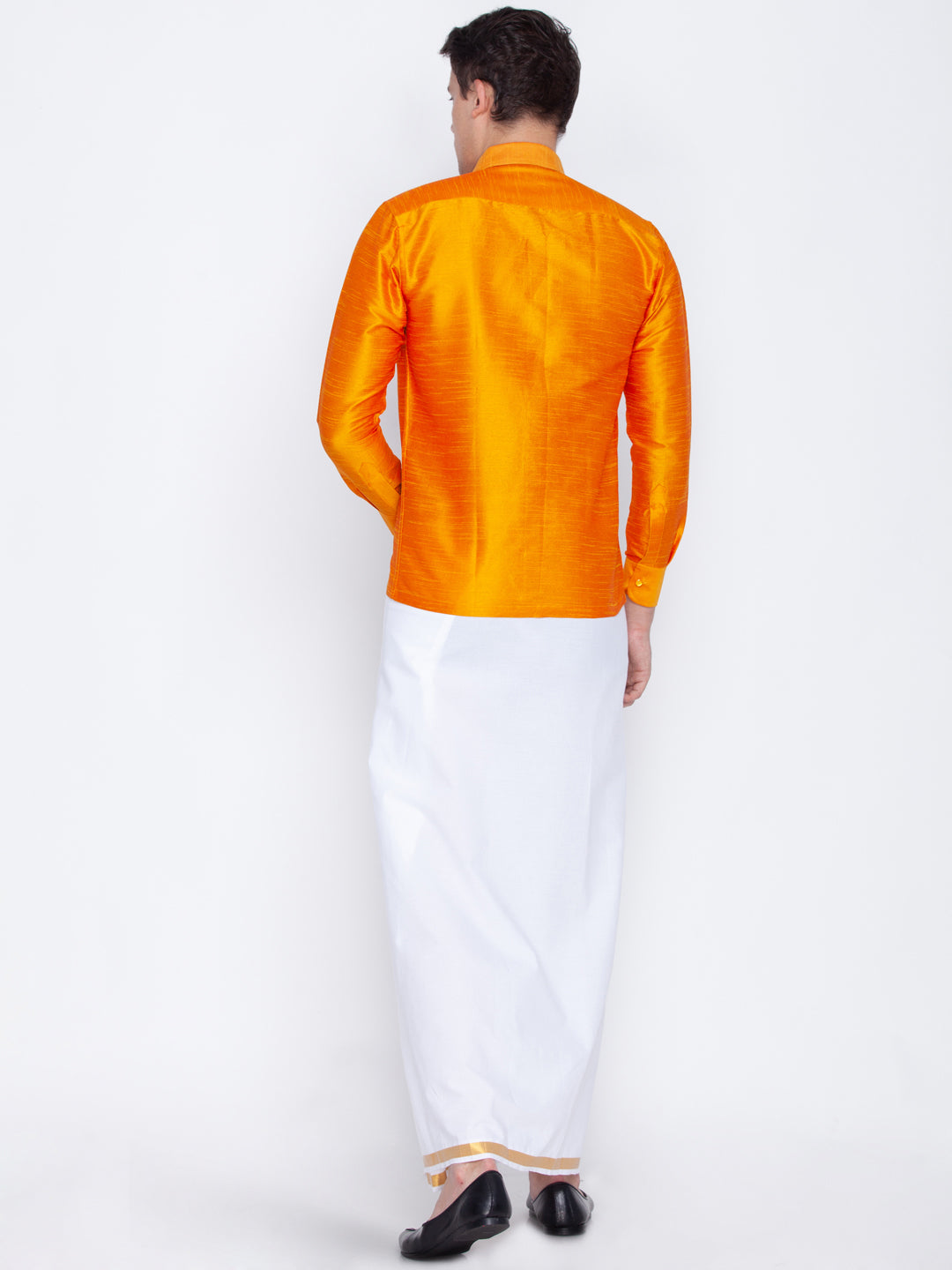 Men's Orange Silk Blend Straight Shirt And Mundu