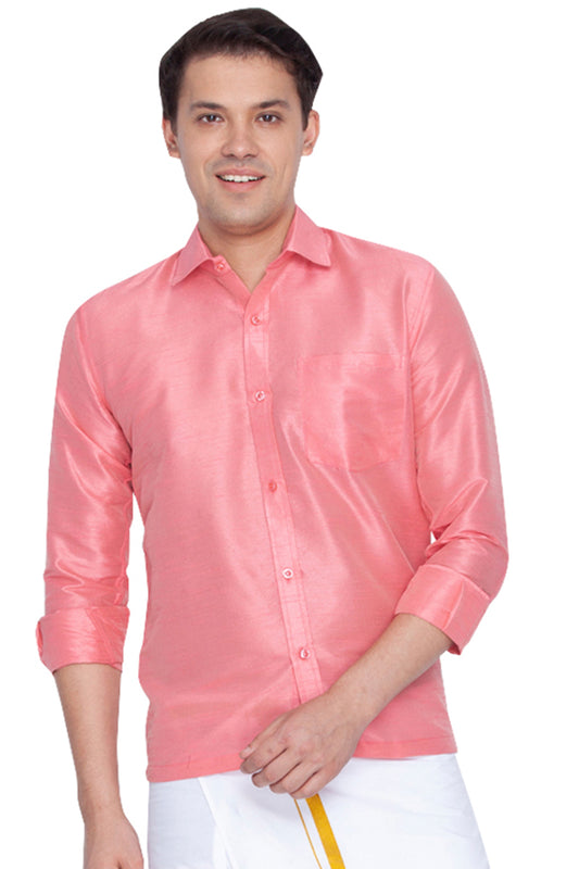 Men's Pink Silk Blend Straight Ethnic Shirt