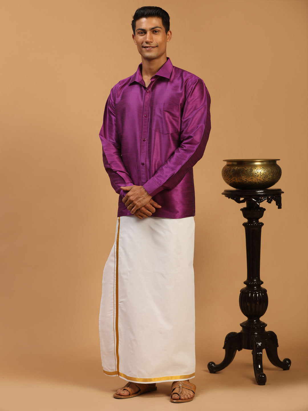 Men's Purple Silk Blend Straight Ethnic Shirt