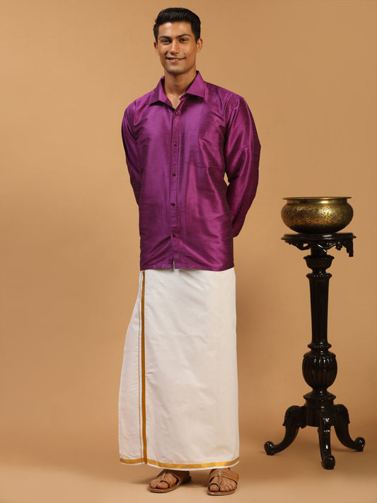 Men's Purple Silk Blend Straight Shirt And Mundu