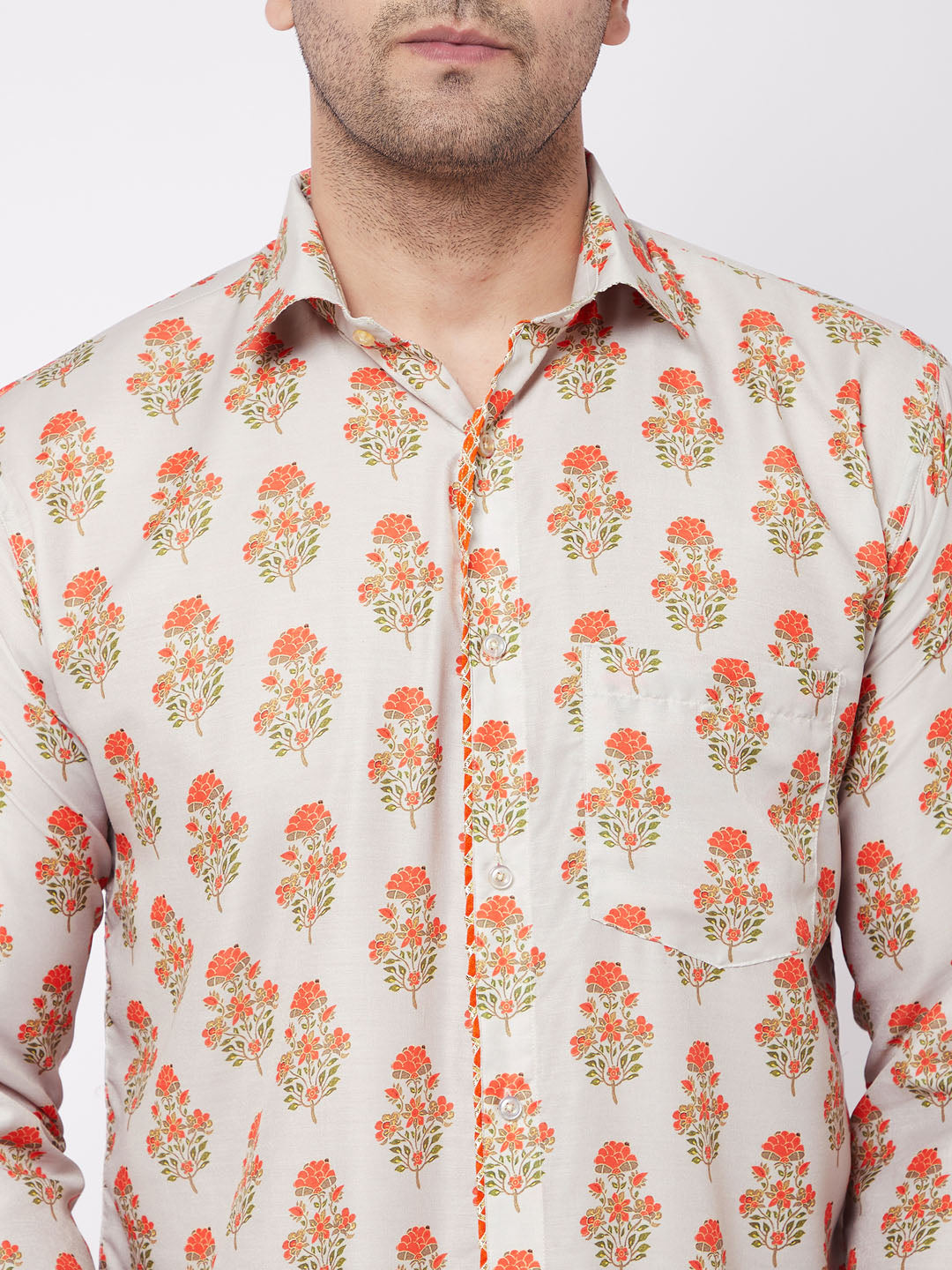 Men's MulticolorBaseBeige Muslin Straight Ethnic Shirt