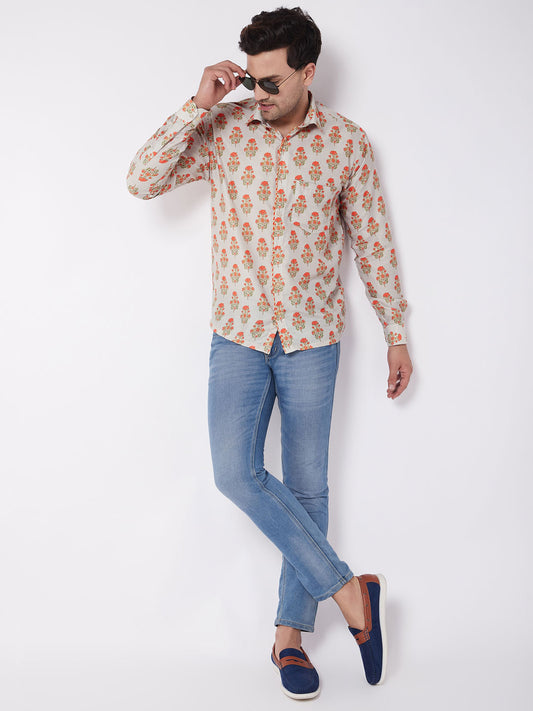 Men's MulticolorBaseBeige Muslin Straight Ethnic Shirt