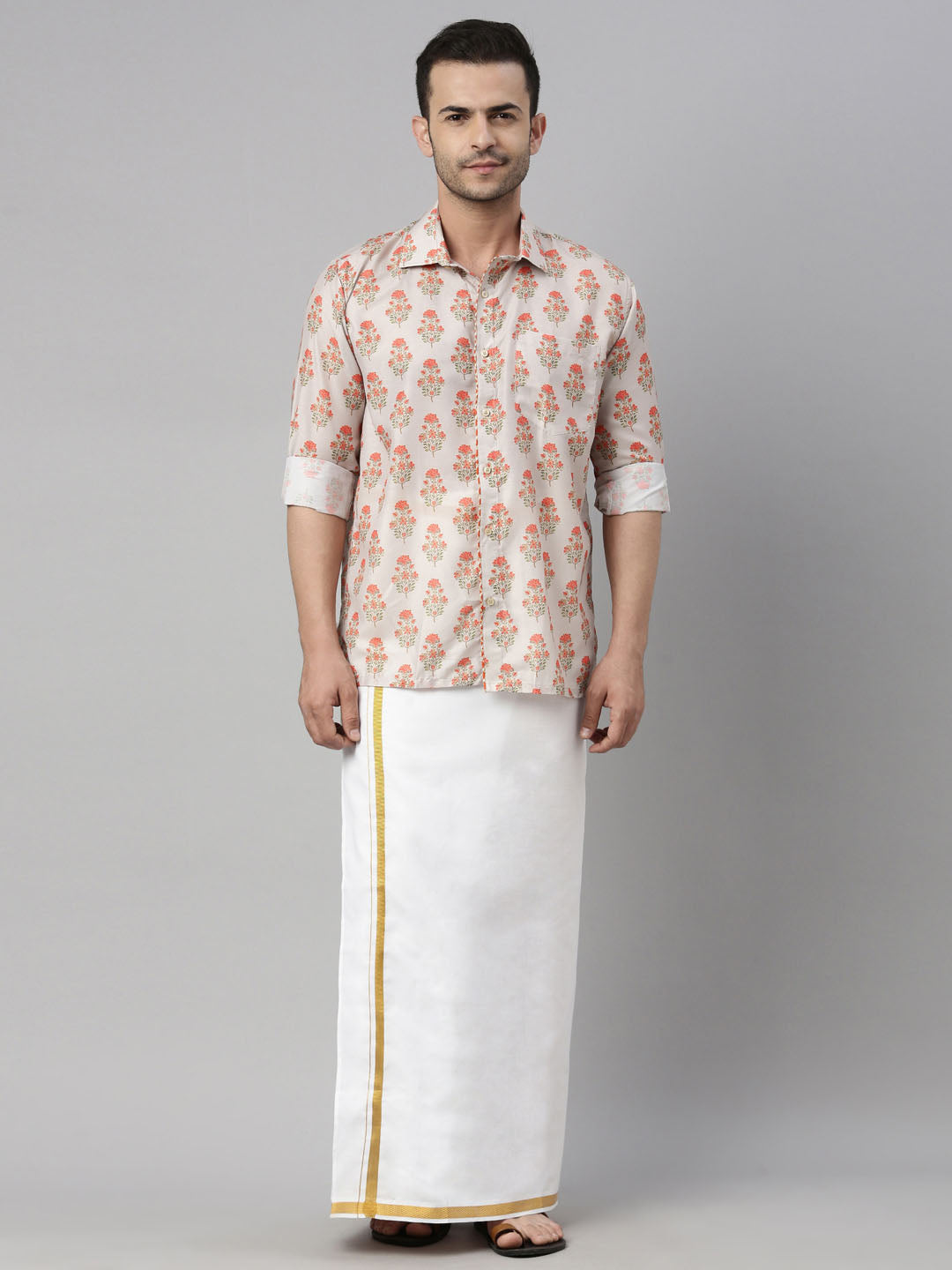 Men's MulticolorBaseBeige Muslin Straight Shirt And Mundu