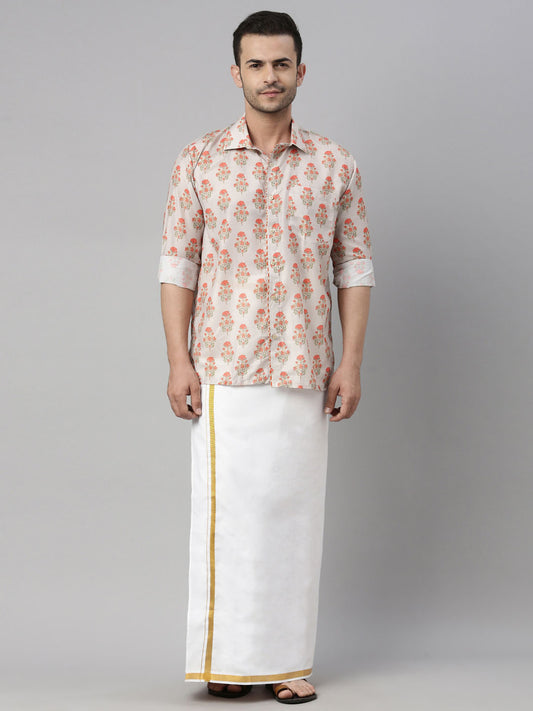 Men's MulticolorBaseBeige Muslin Straight Shirt And Mundu