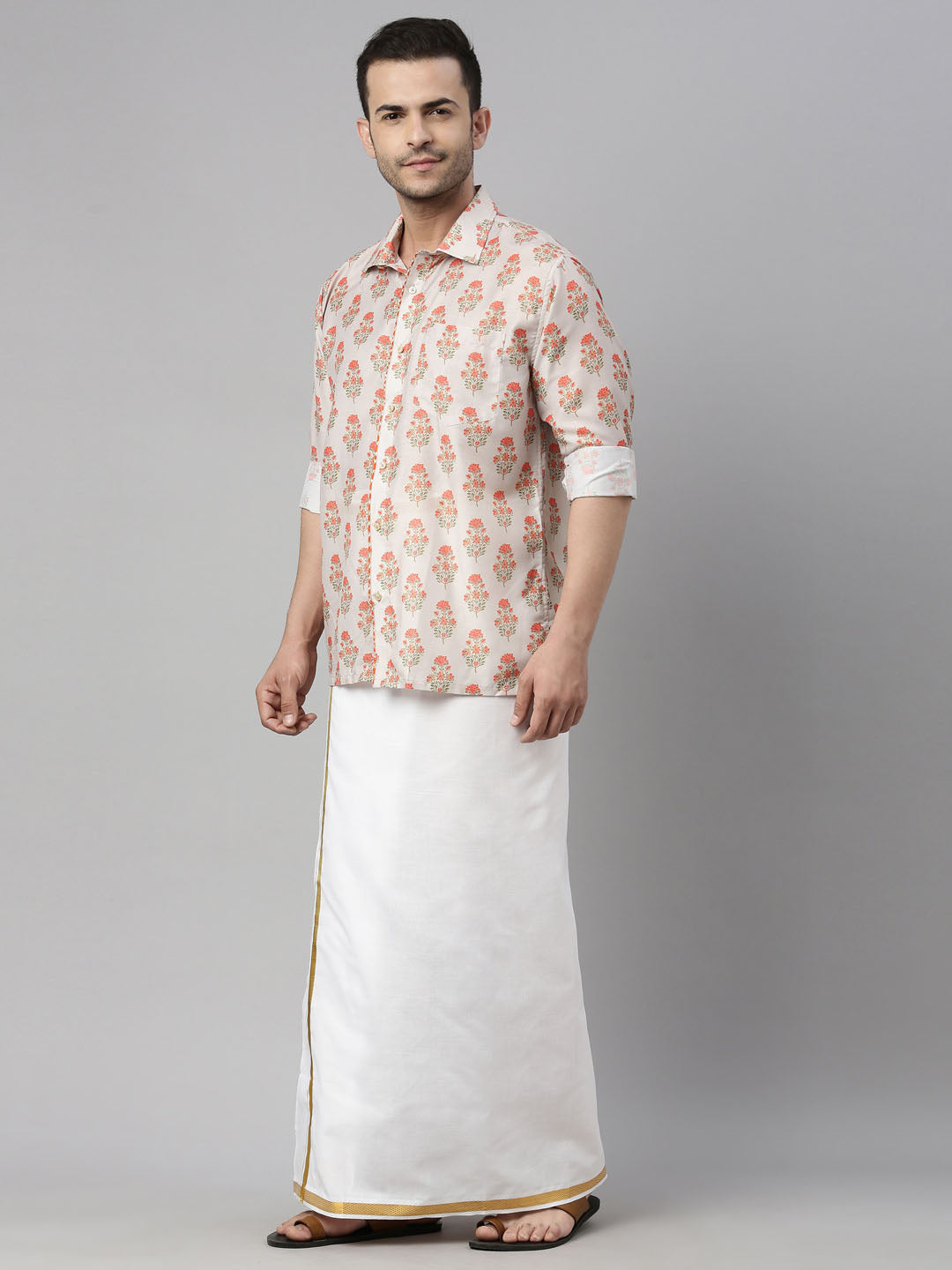 Men's MulticolorBaseBeige Muslin Straight Shirt And Mundu