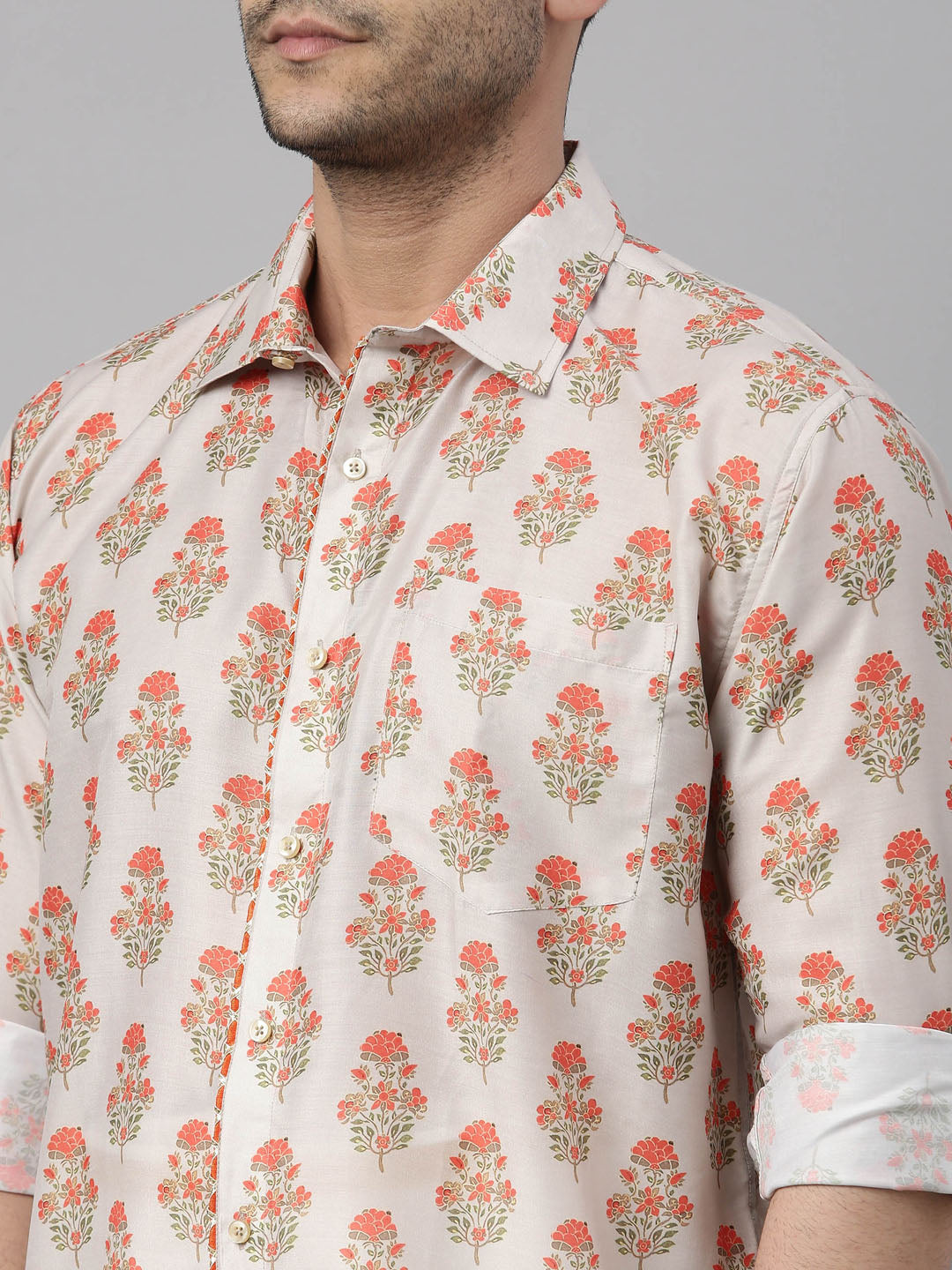 Men's MulticolorBaseBeige Muslin Straight Shirt And Mundu