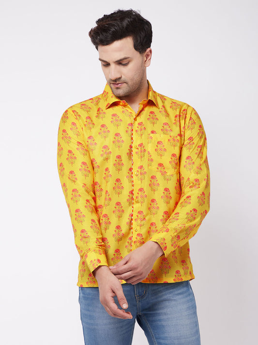 Men's MulticolorBaseMustard Muslin Straight Ethnic Shirt
