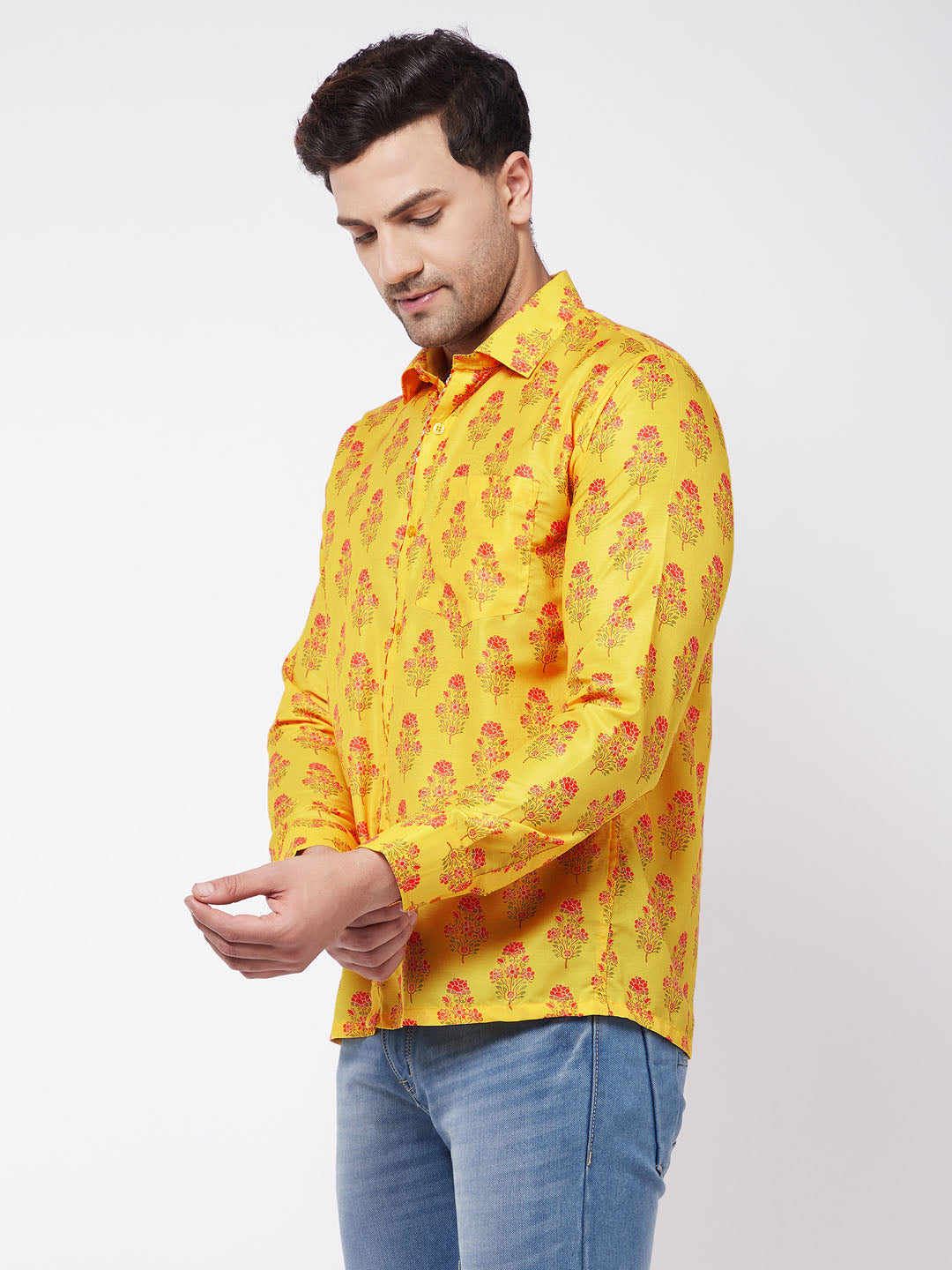 Men's MulticolorBaseMustard Muslin Straight Ethnic Shirt