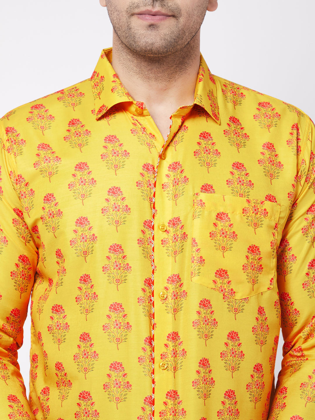 Men's MulticolorBaseMustard Muslin Straight Ethnic Shirt