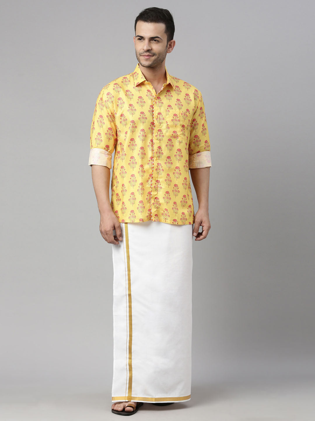Men's MulticolorBaseMustard Muslin Straight Shirt And Mundu