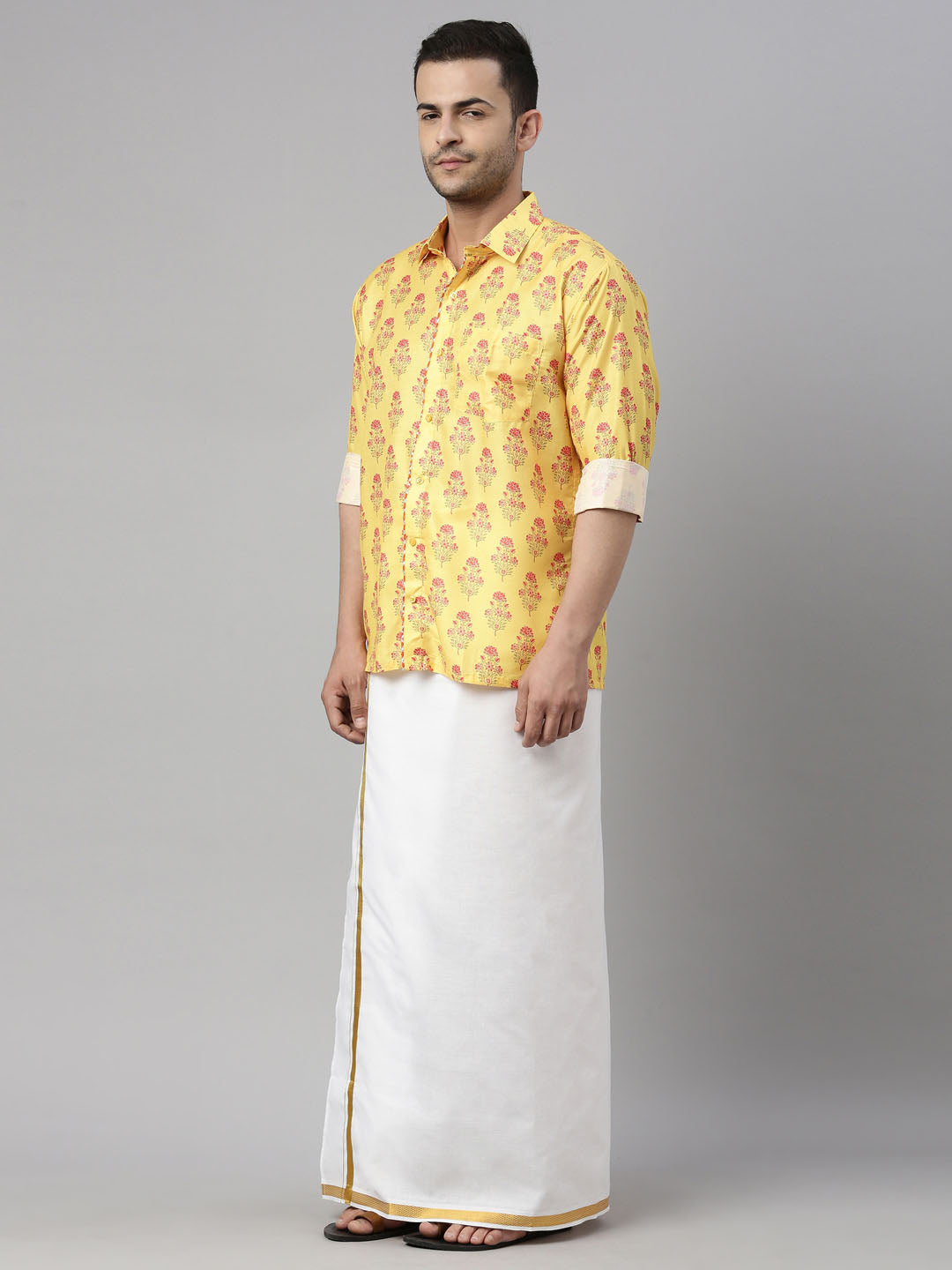 Men's MulticolorBaseMustard Muslin Straight Shirt And Mundu