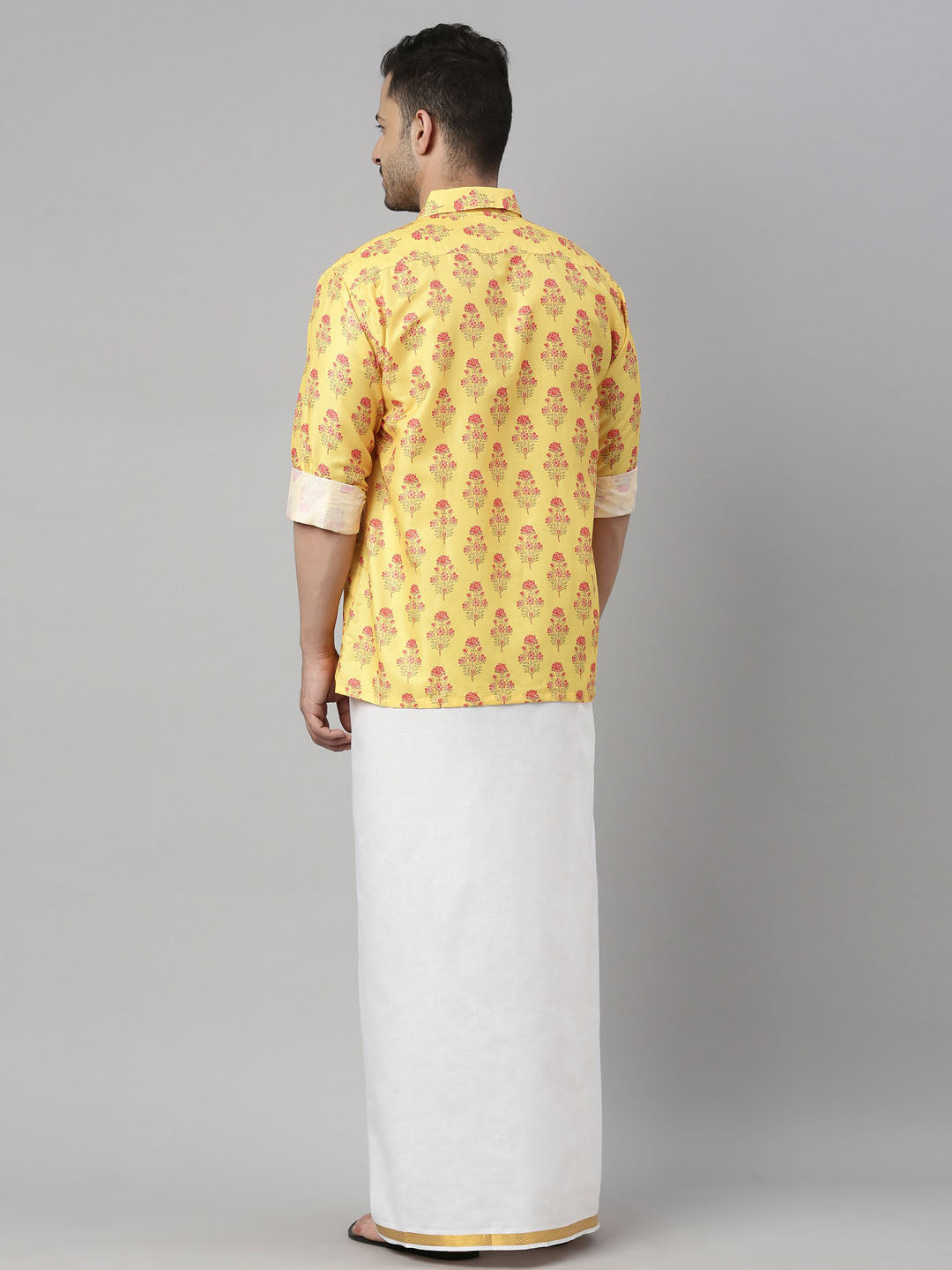 Men's MulticolorBaseMustard Muslin Straight Shirt And Mundu