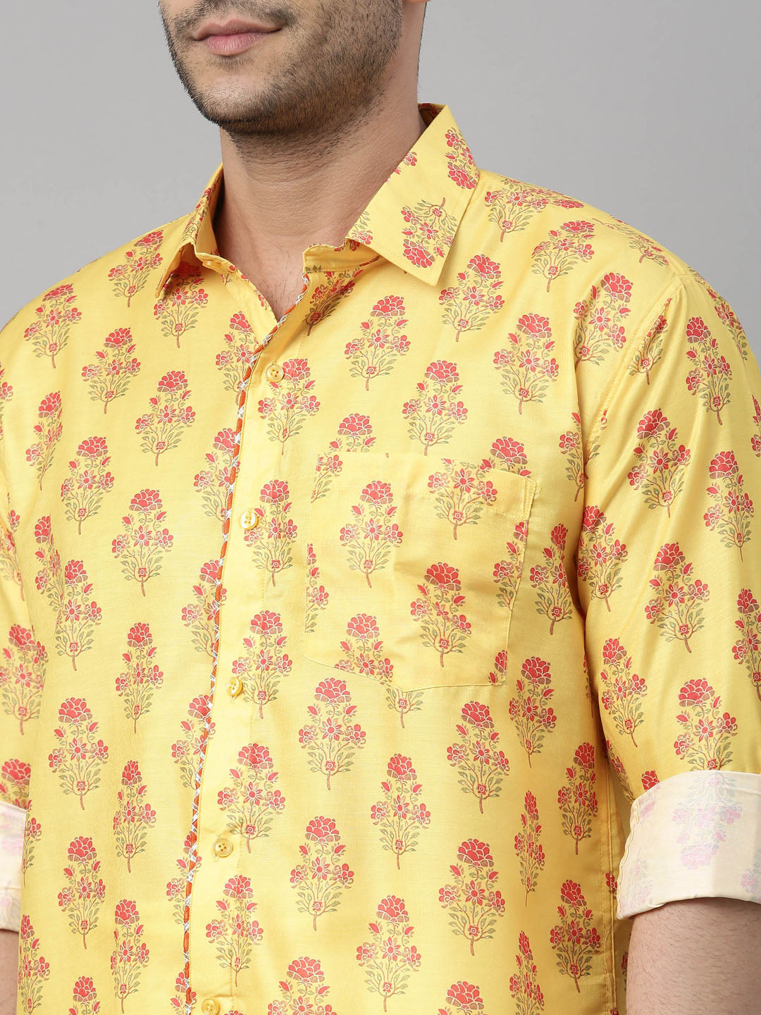 Men's MulticolorBaseMustard Muslin Straight Shirt And Mundu