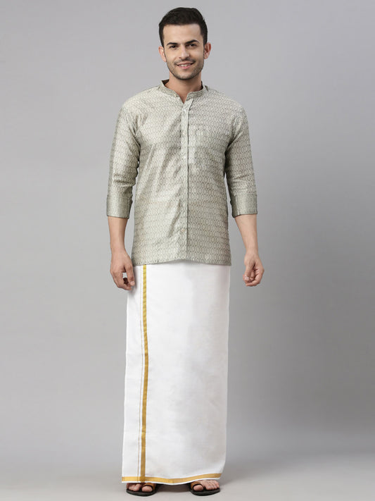 Men's Beige Silk Blend Straight Shirt And Mundu