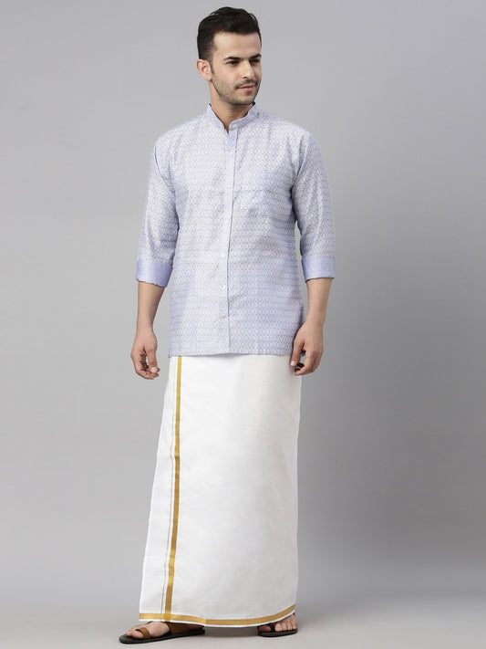 Men's Blue Silk Blend Straight Shirt And Mundu