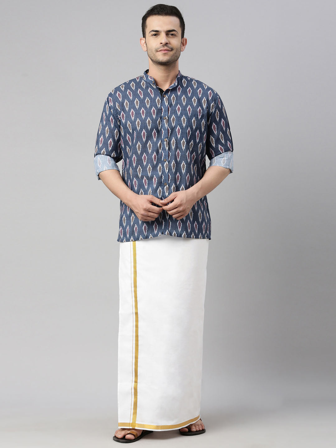 Men's Grey Cotton Blend Straight Shirt And Mundu