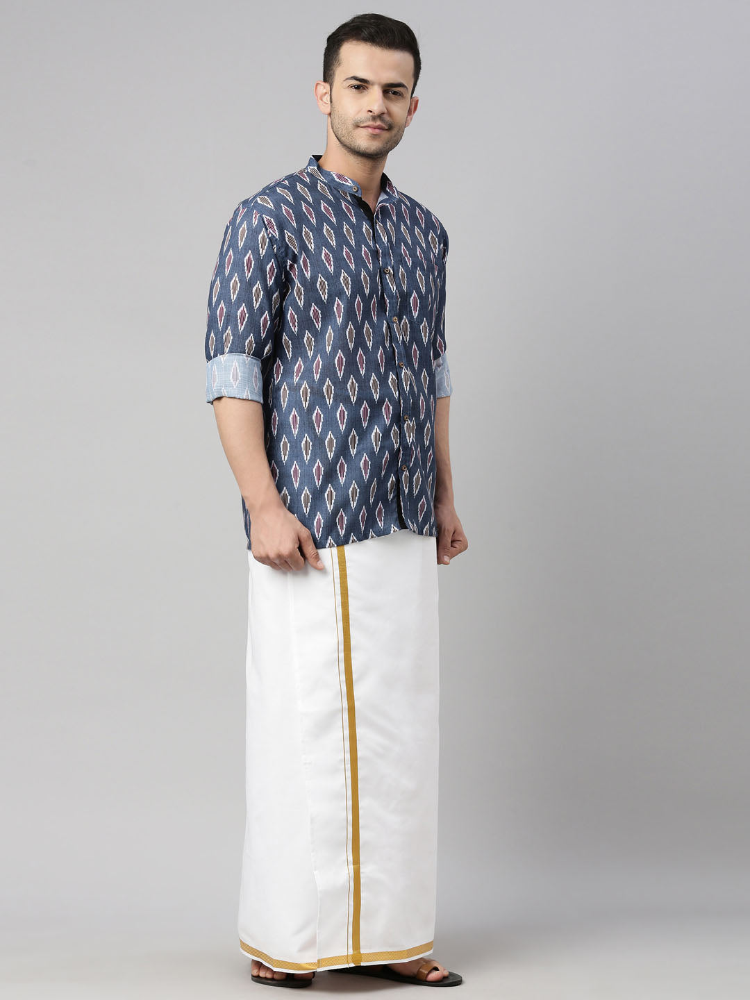 Men's Grey Cotton Blend Straight Shirt And Mundu