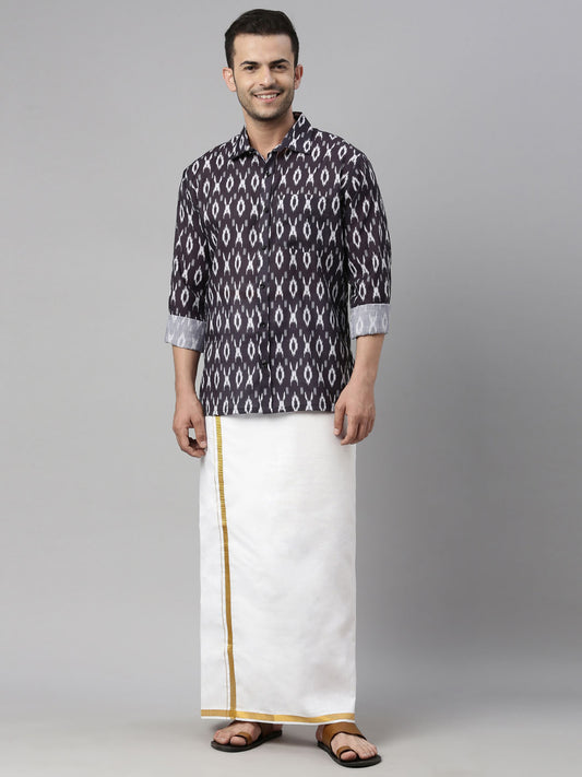 Men's Black Cotton Blend Straight Shirt And Mundu