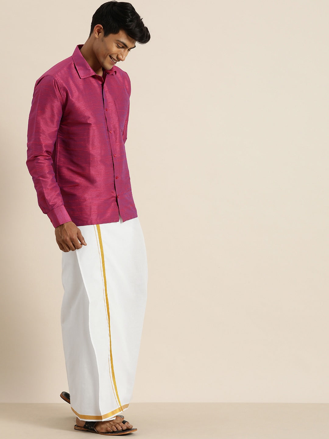 Men's Purple Raw Silk Straight Shirt And Mundu