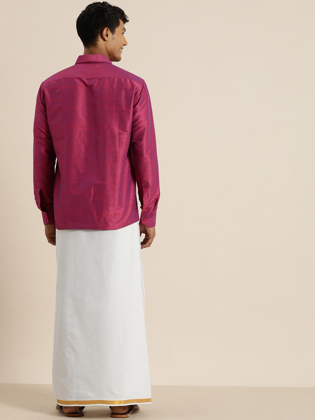 Men's Purple Raw Silk Straight Shirt And Mundu