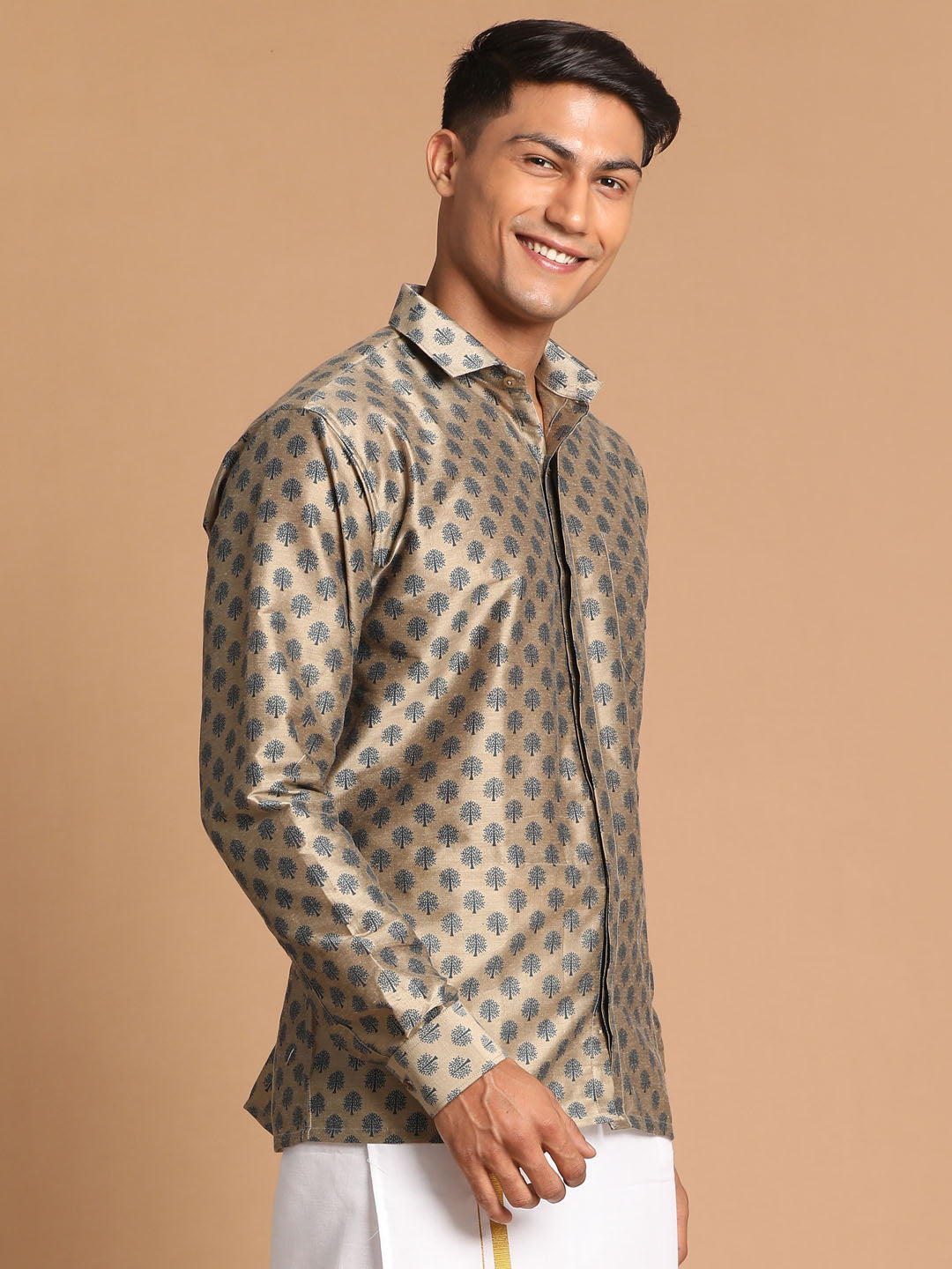 Men's Brown Viscose Blend Straight Shirt And Mundu