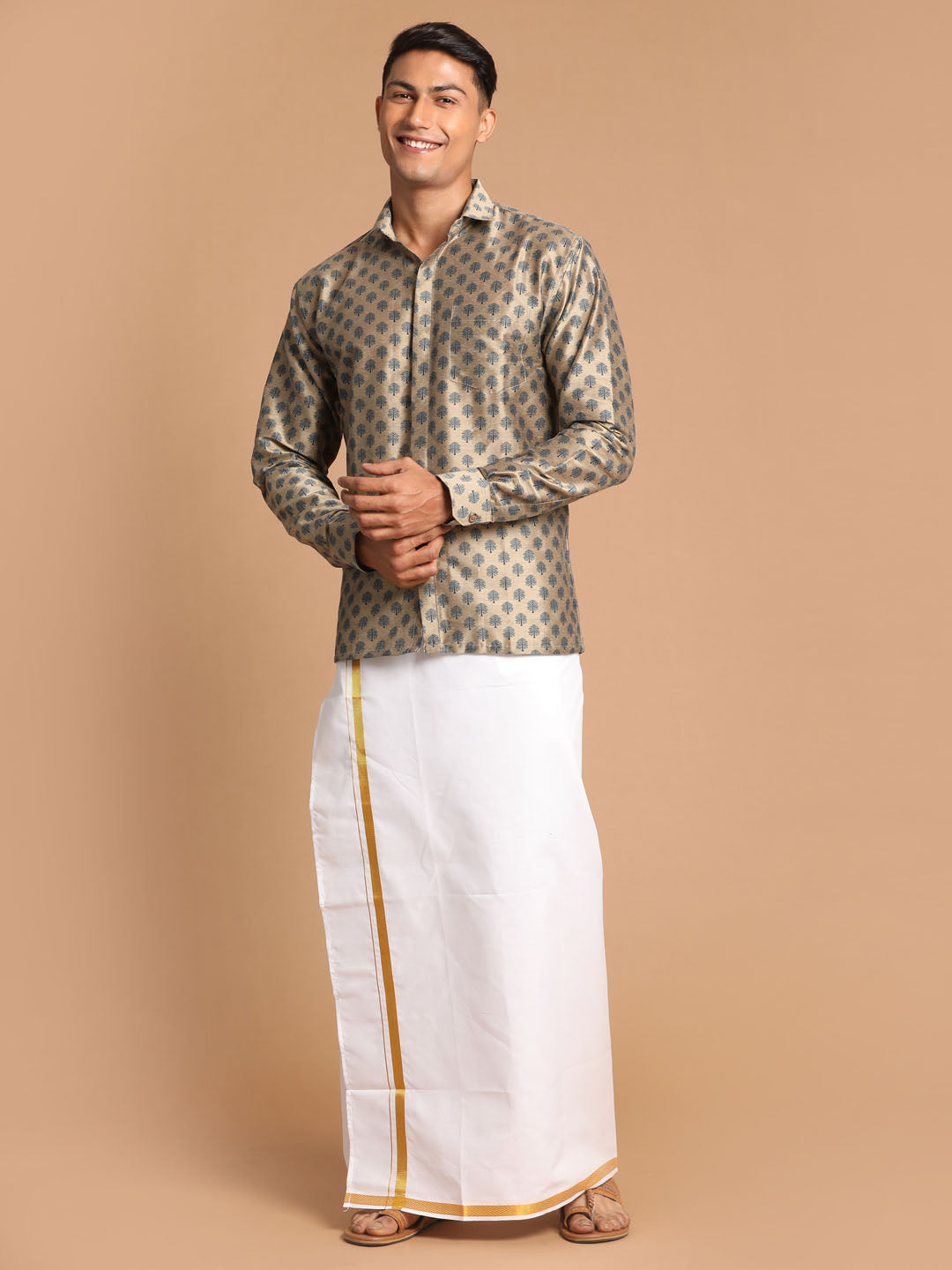 Men's Brown Viscose Blend Straight Shirt And Mundu