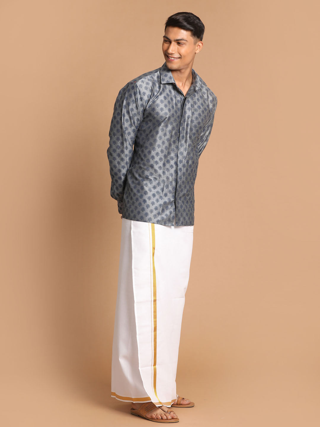 Men's Grey Viscose Blend Straight Shirt And Mundu