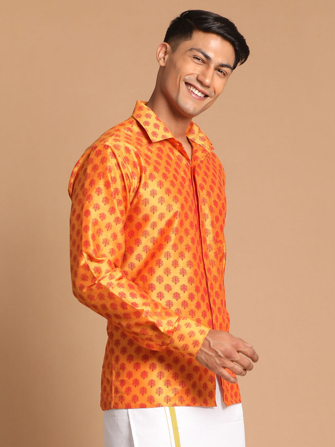 Men's Orange Viscose Blend Straight Shirt And Mundu
