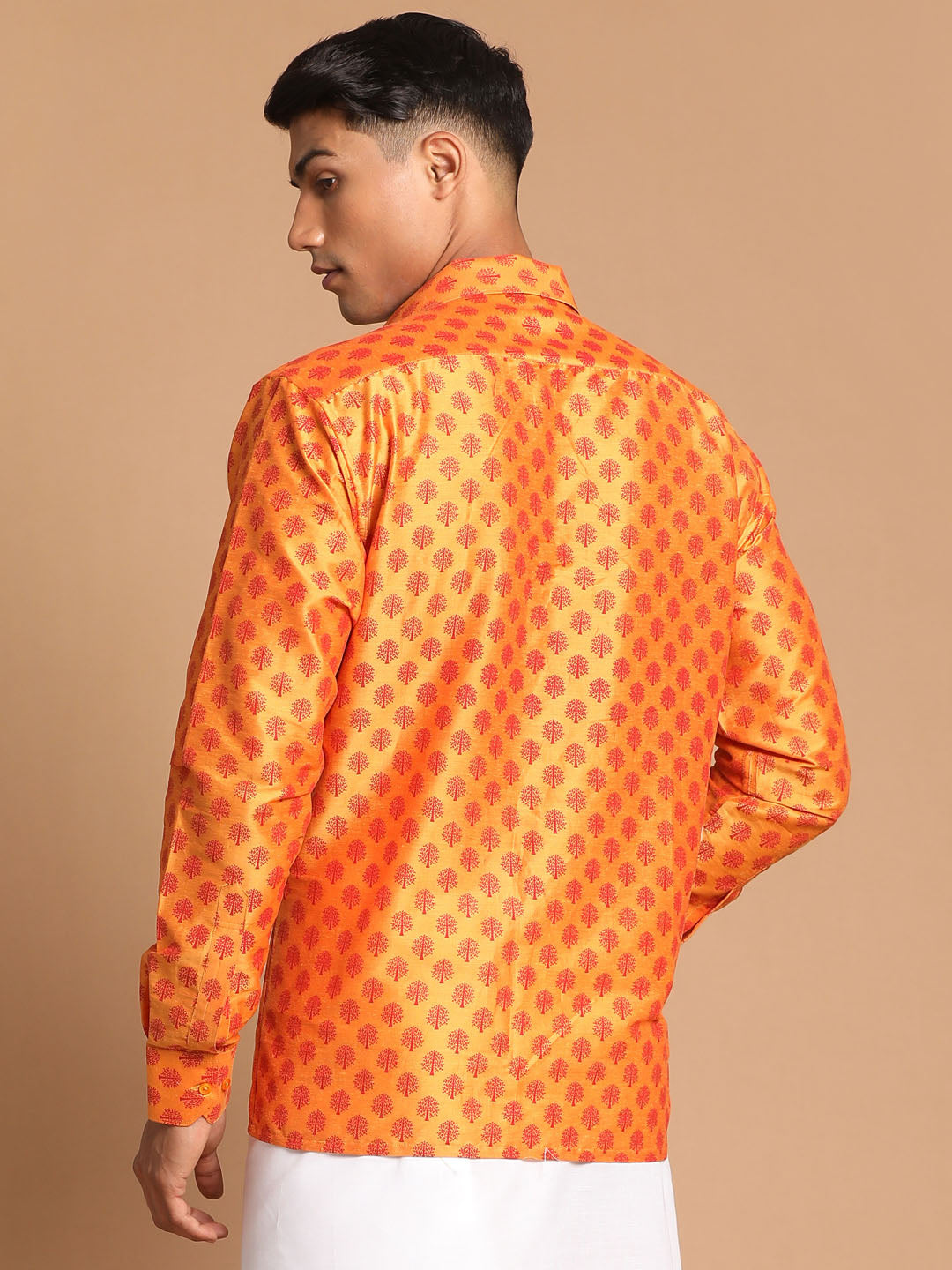 Men's Orange Viscose Blend Straight Shirt And Mundu