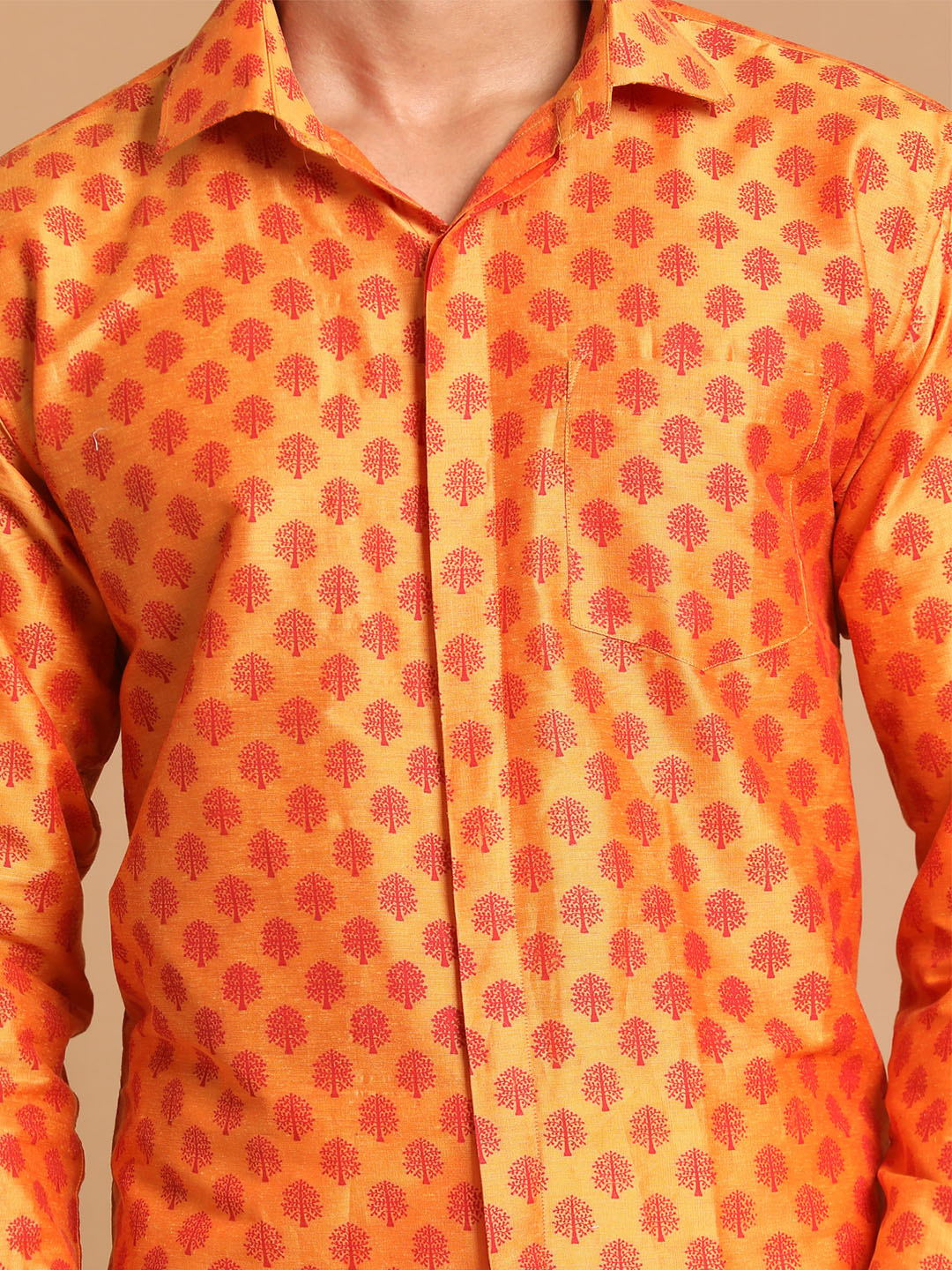 Men's Orange Viscose Blend Straight Shirt And Mundu