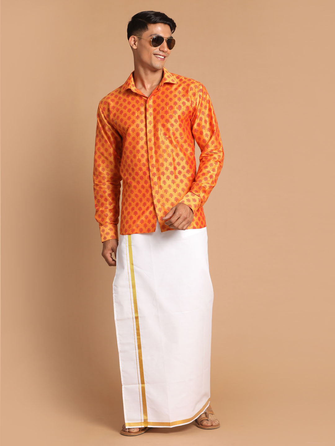 Men's Orange Viscose Blend Straight Shirt And Mundu