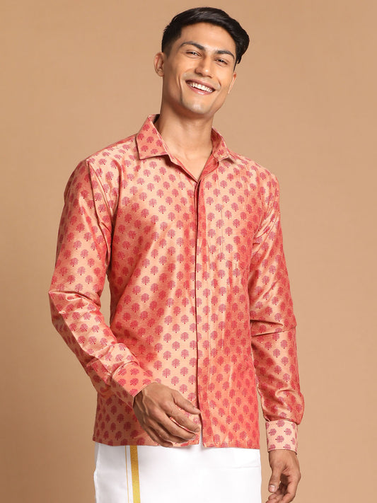 Men's Pink Viscose Blend Straight Shirt And Mundu