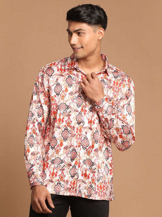 Men's MulticoloredBaseCream Satin Straight Ethnic Shirt