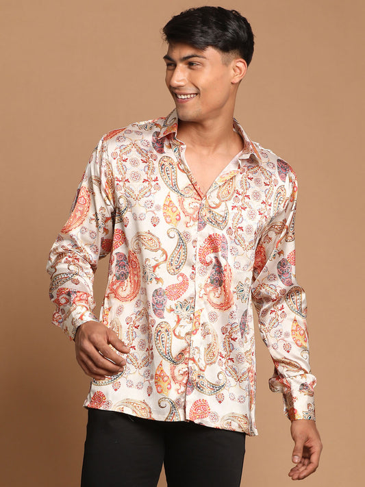 Men's MulticoloredBaseBeige Satin Straight Ethnic Shirt