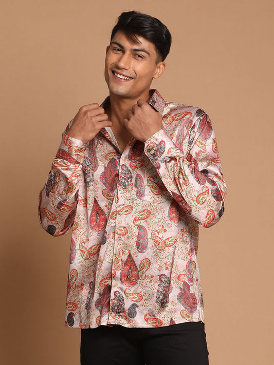 Men's MulticoloredBaseBrown Satin Straight Ethnic Shirt