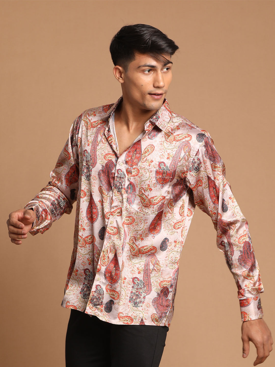 Men's MulticoloredBaseBrown Satin Straight Ethnic Shirt