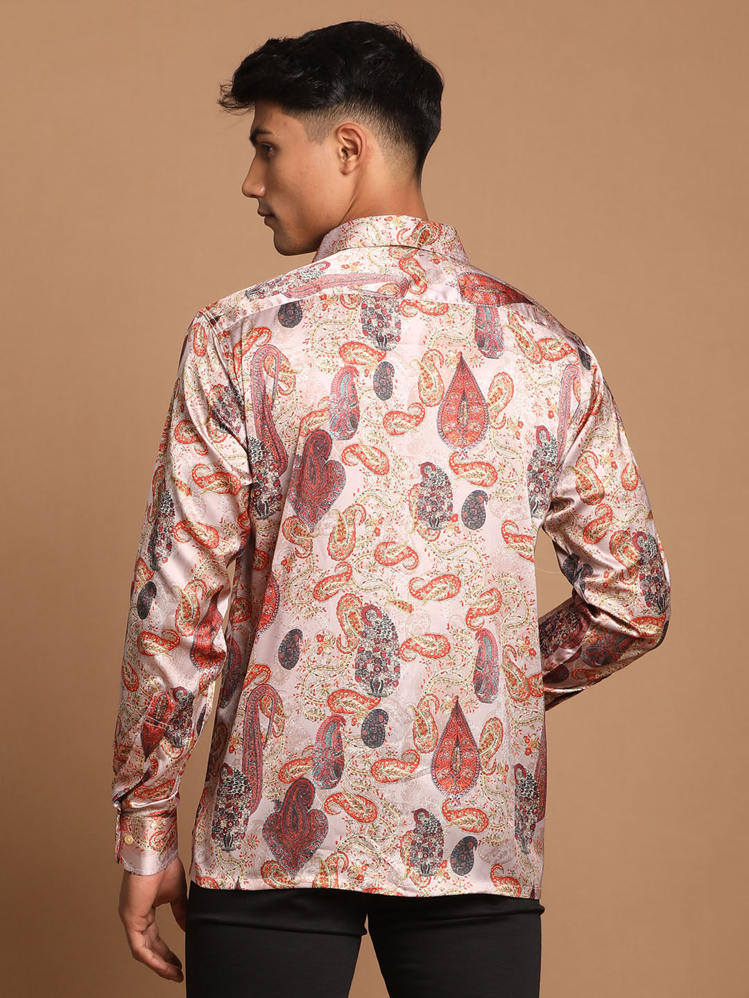 Men's MulticoloredBaseBrown Satin Straight Ethnic Shirt