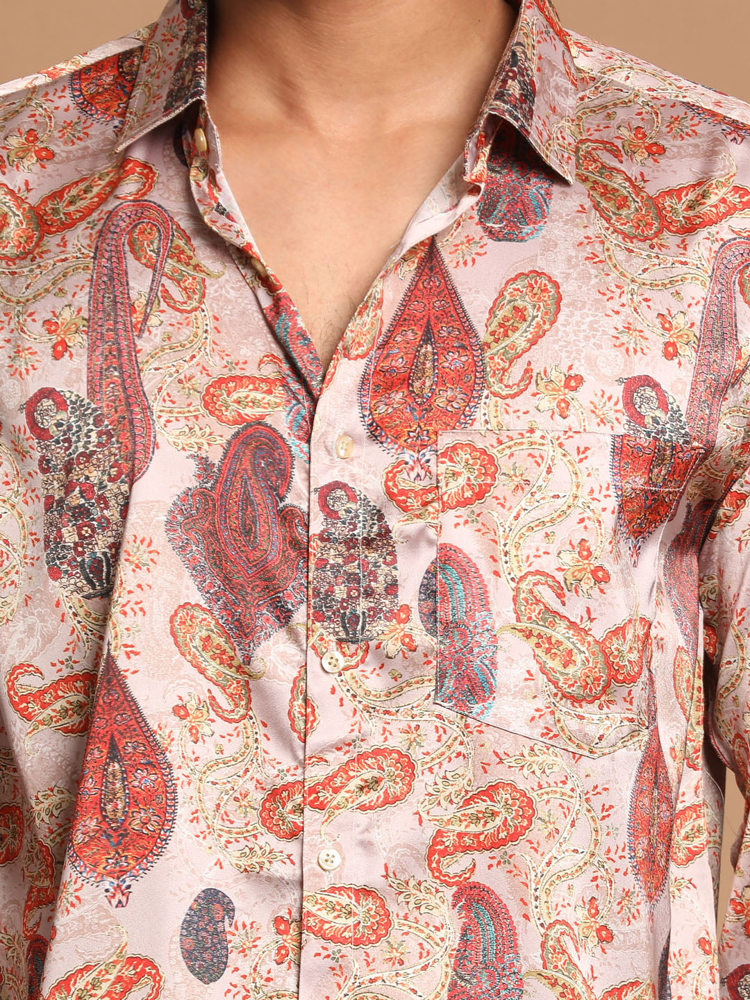 Men's MulticoloredBaseBrown Satin Straight Ethnic Shirt