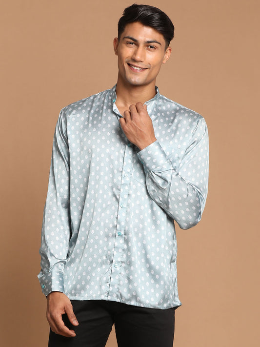 Men's Grey Satin Straight Ethnic Shirt