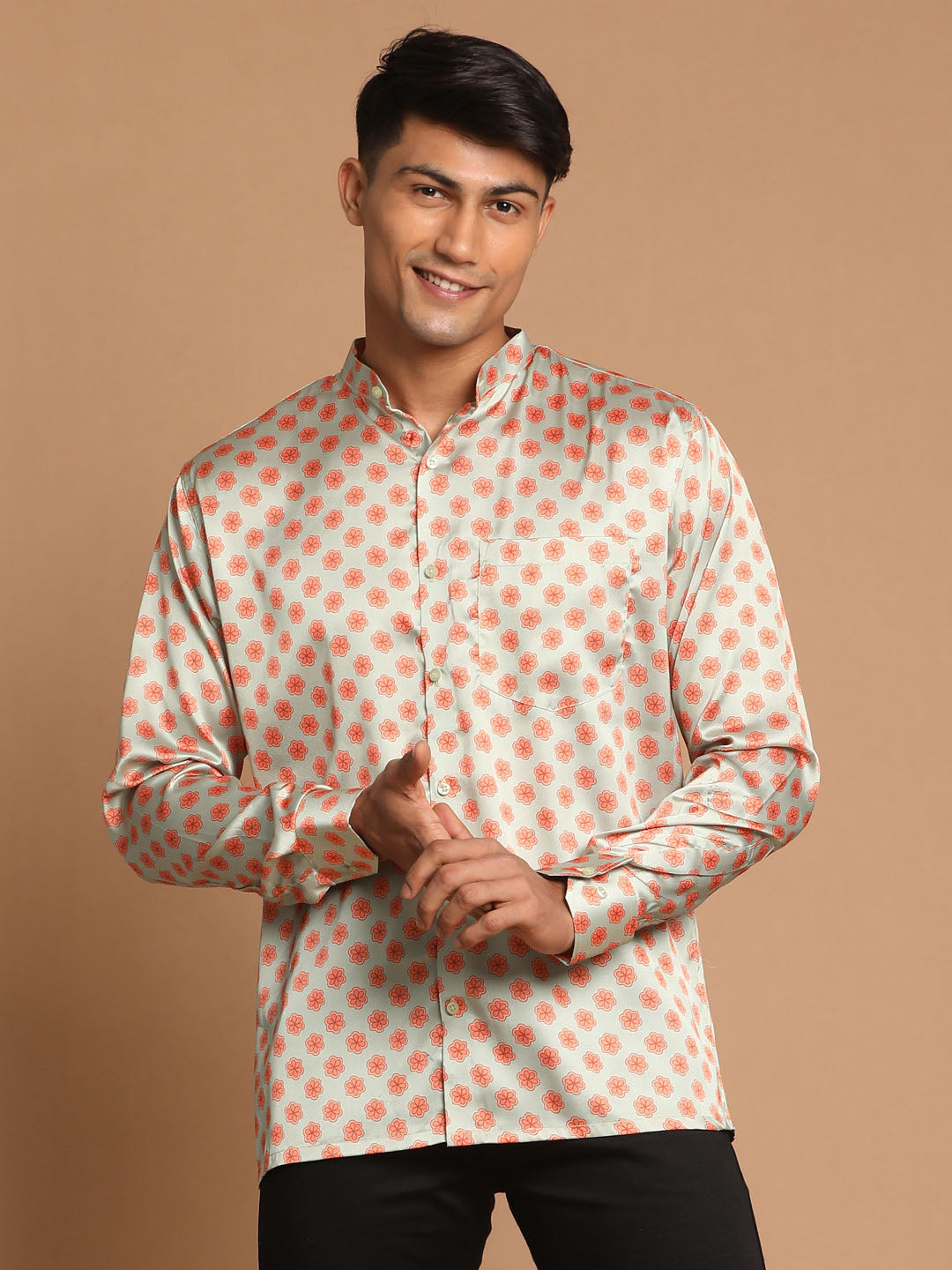 Men's MulticoloredBaseMint Satin Straight Ethnic Shirt