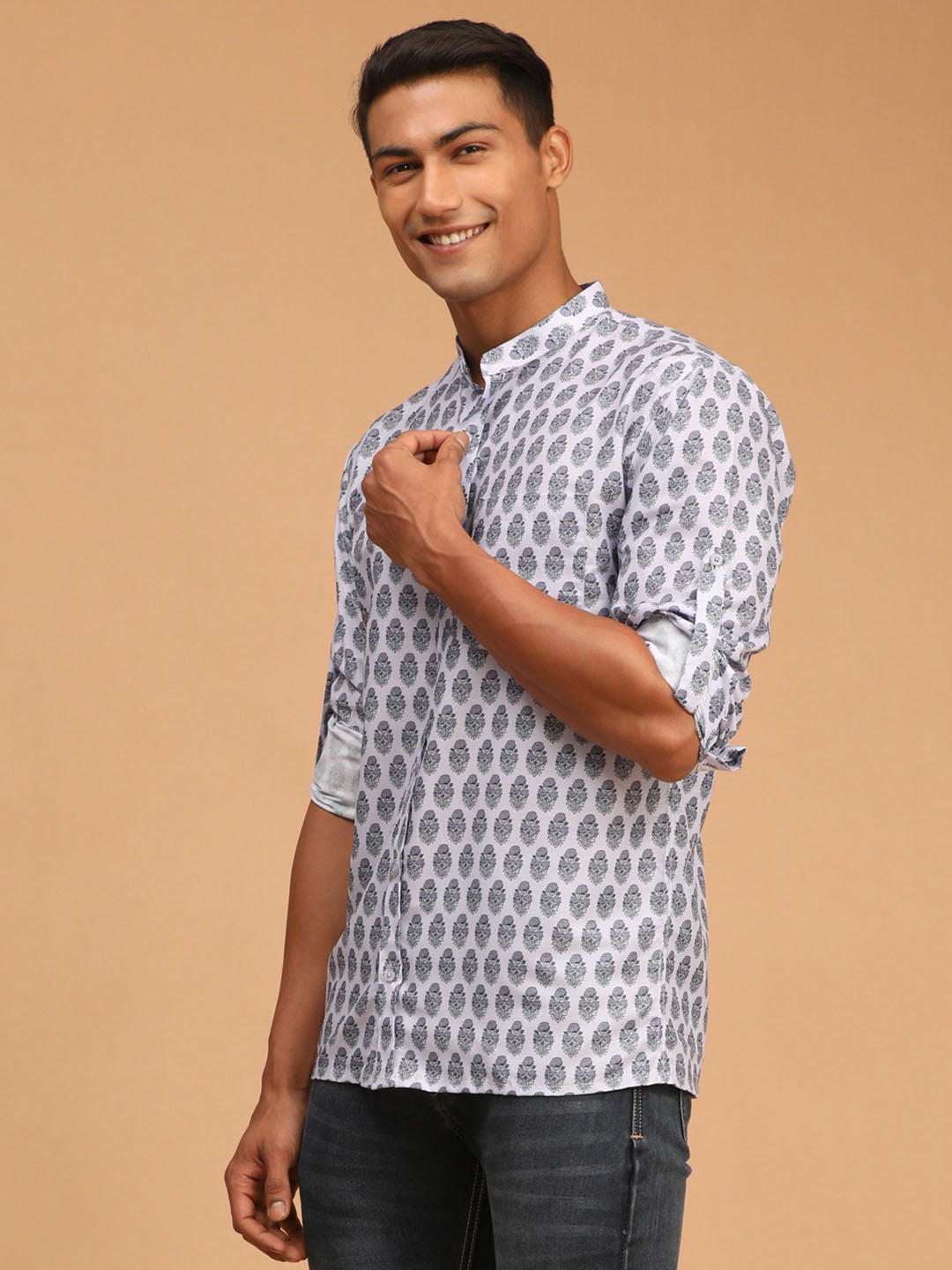 Men's Grey Cotton Blend Straight Ethnic Shirt