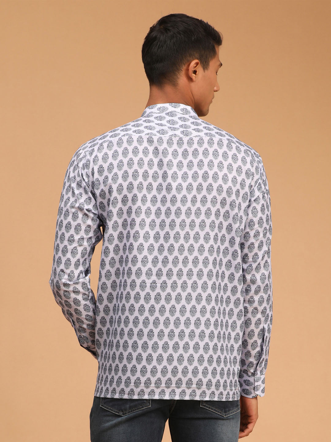 Men's Grey Cotton Blend Straight Ethnic Shirt