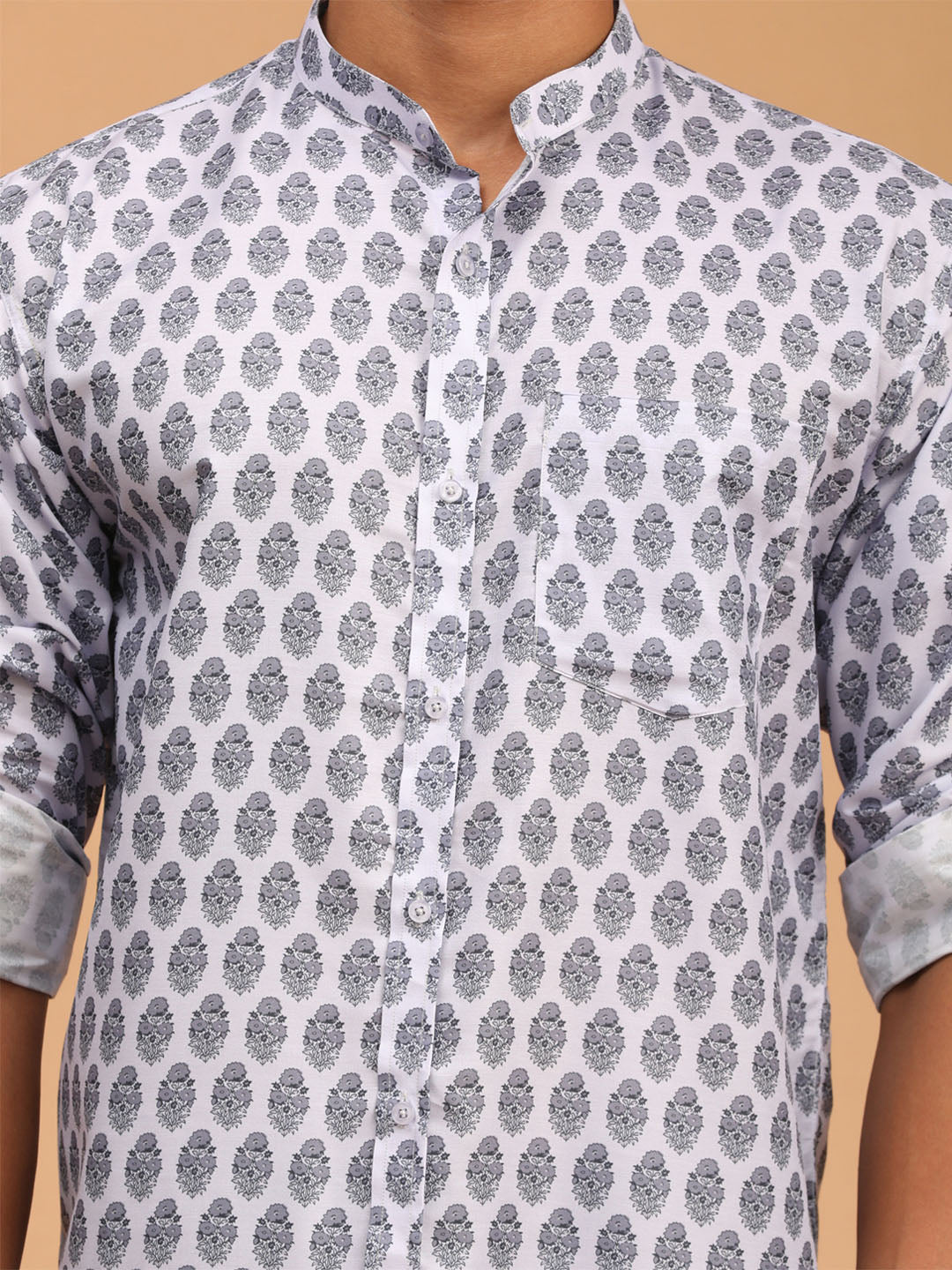 Men's Grey Cotton Blend Straight Ethnic Shirt