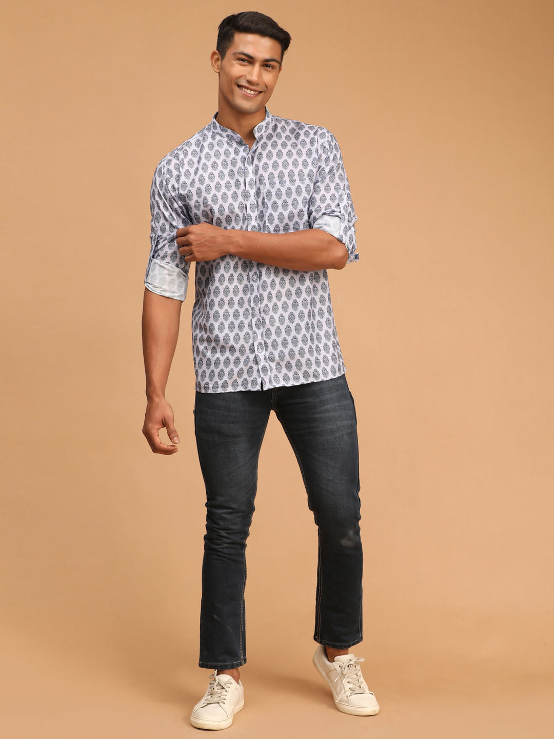 Men's Grey Cotton Blend Straight Ethnic Shirt