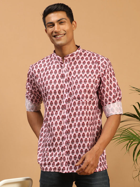 Men's Pink Muslin Straight Ethnic Shirt