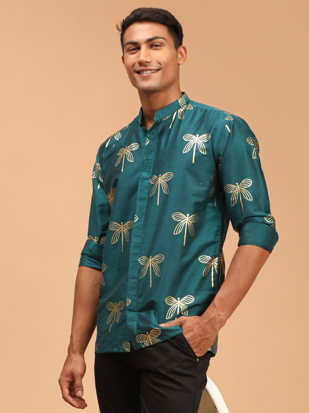 Men's Green Viscose Straight Ethnic Shirt