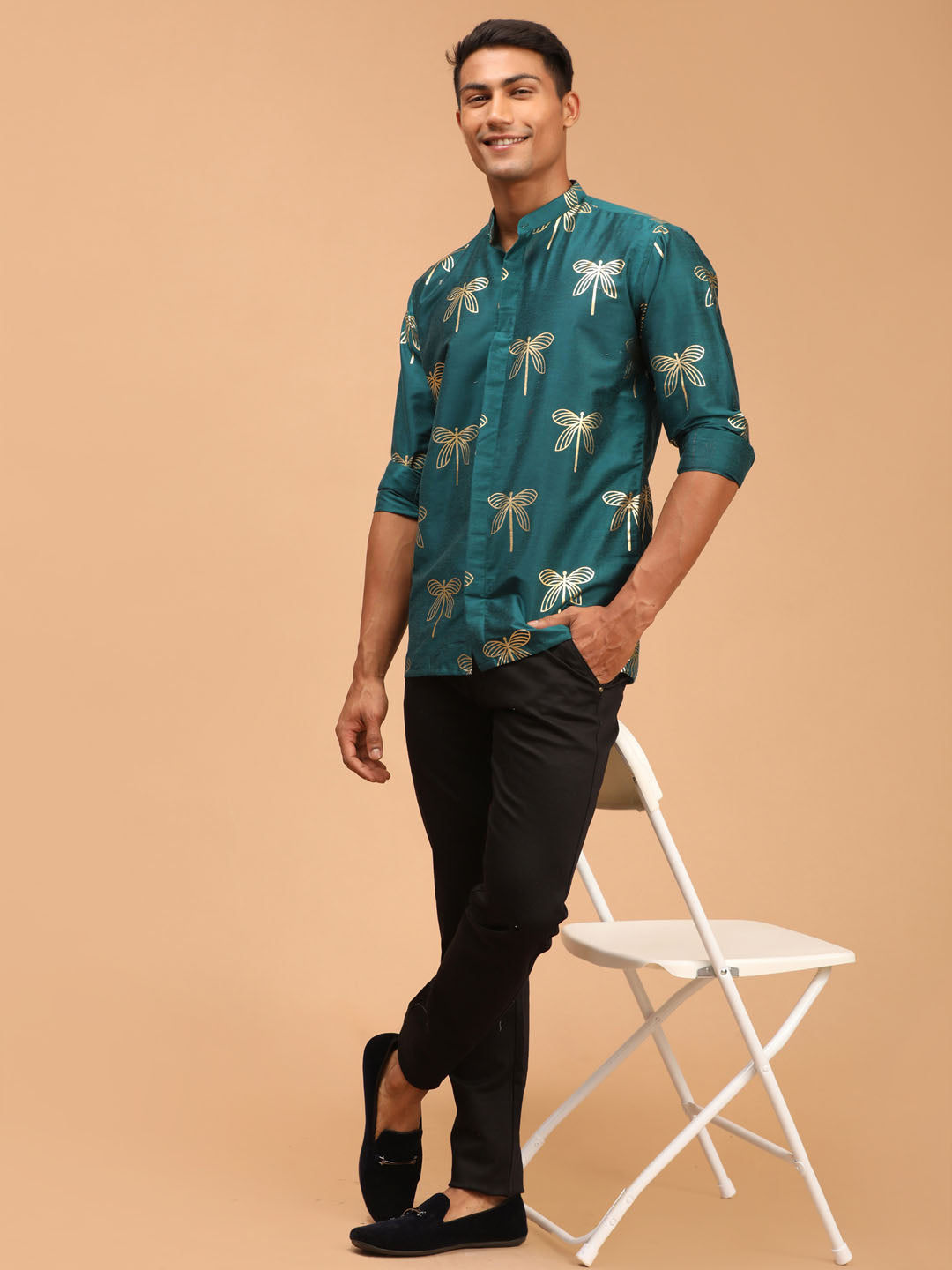 Men's Green Viscose Straight Ethnic Shirt
