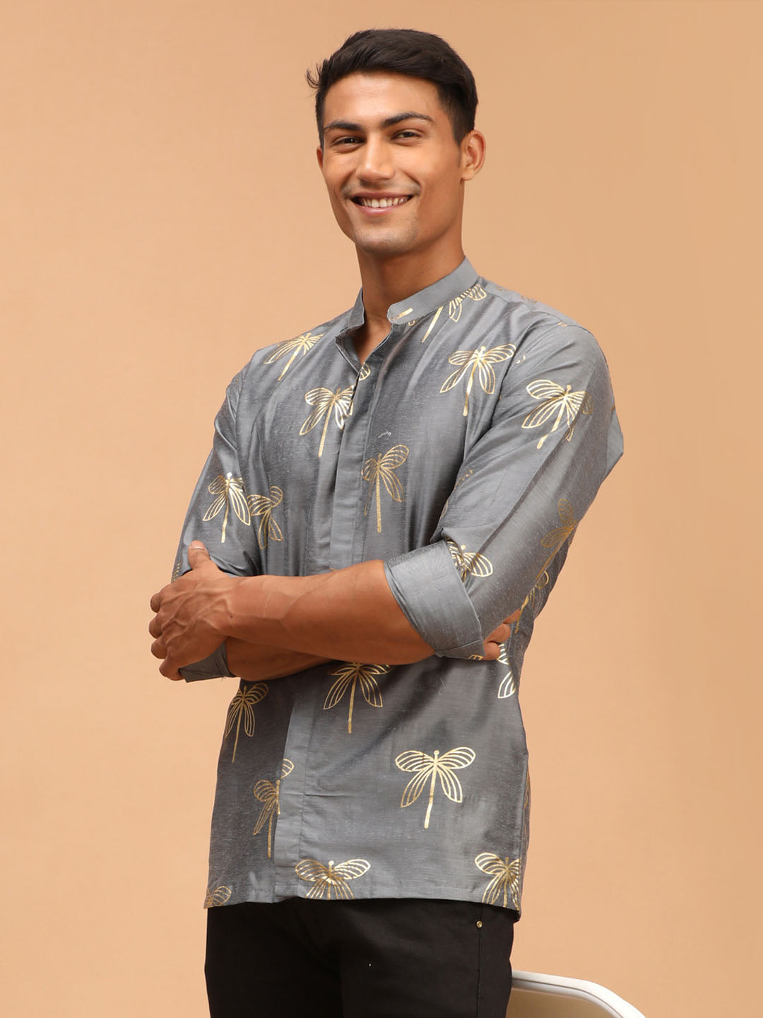 Men's Grey Viscose Straight Ethnic Shirt